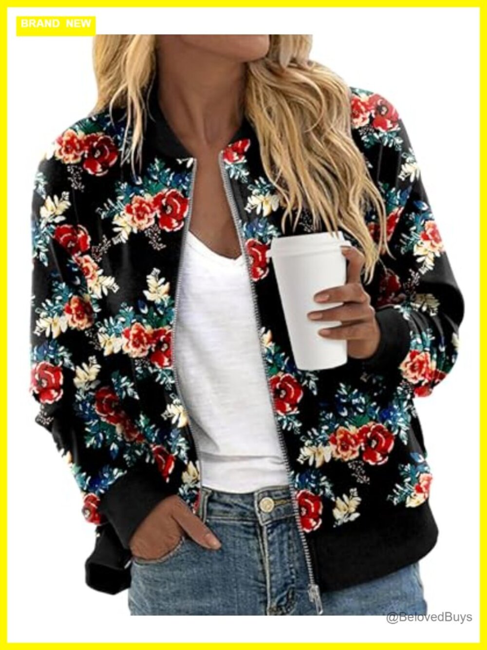 Women's Zip Up Bomber Jacket Cotton Blend Long Sleeve Casual Coat Pockets